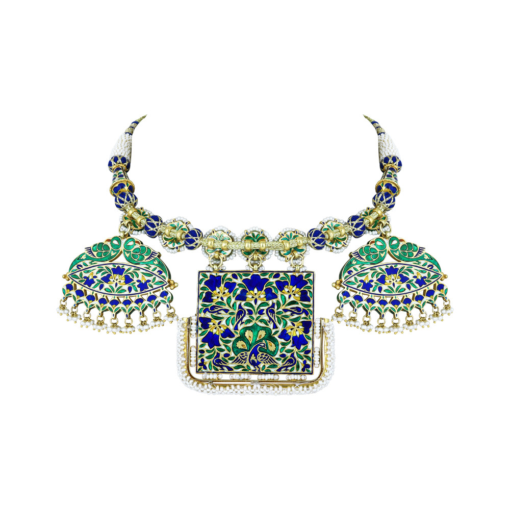 Blue Enamel Pankhi Polki Pendant Necklace
